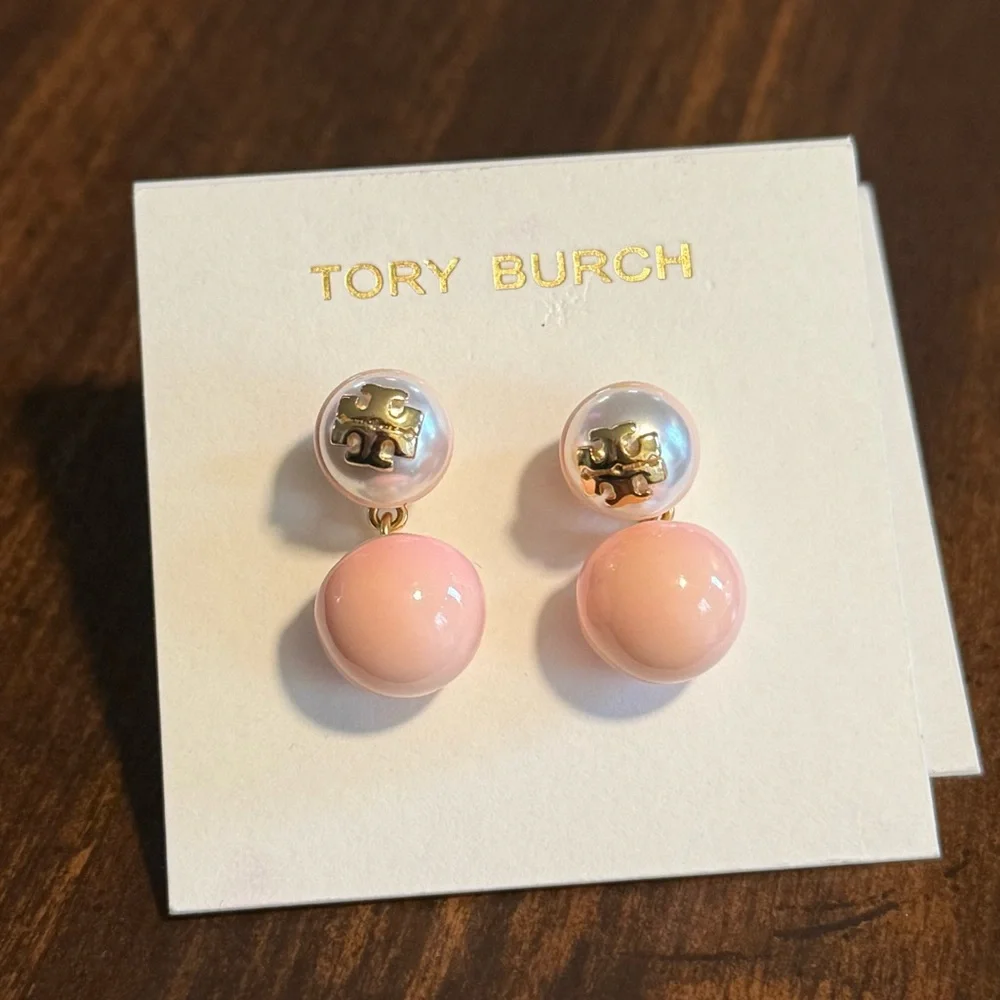 Tory Burch Soft Pink and Gold Double Sphere Earrings - Picture 6 of 6